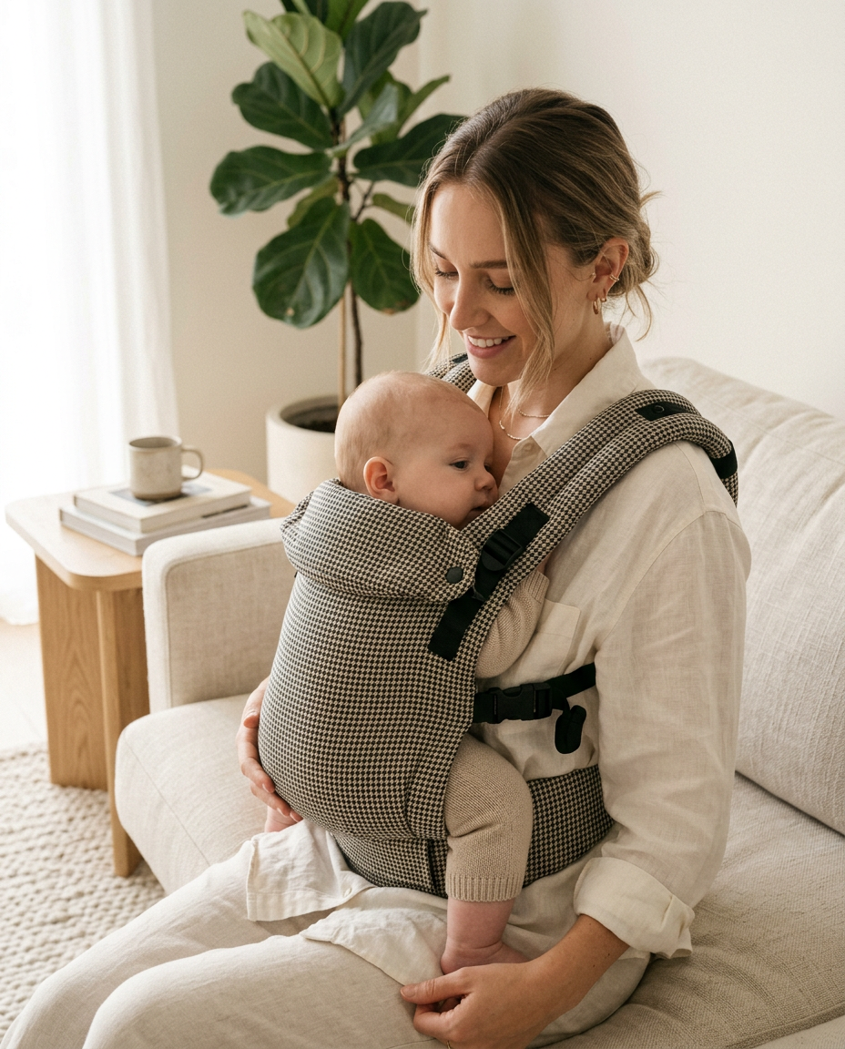 Newborn to toddler petite houndstooth baby carrier lifestyle photo