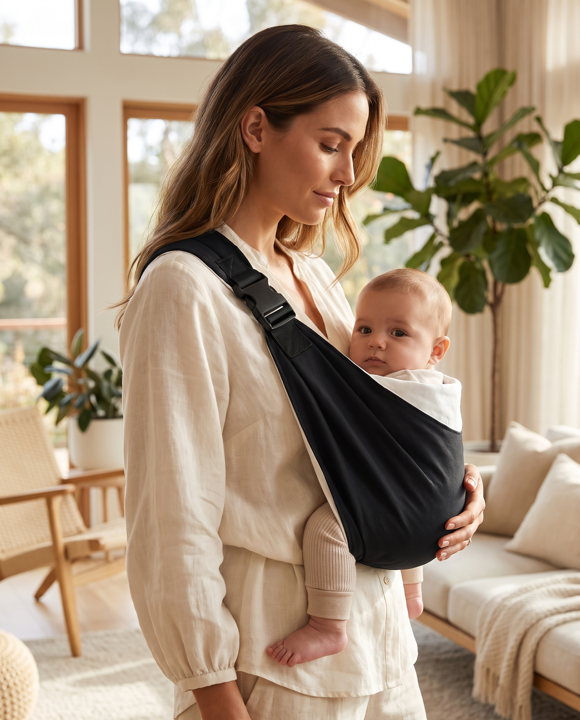 The Sling Onyx - mother carrying baby in black sling