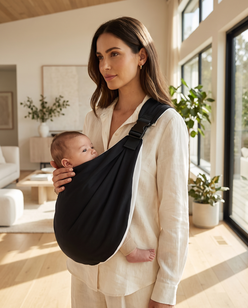 Black baby sling carrier - lifestyle view