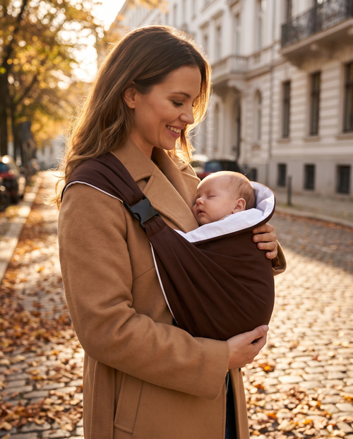 Brown baby sling carrier - lifestyle view
