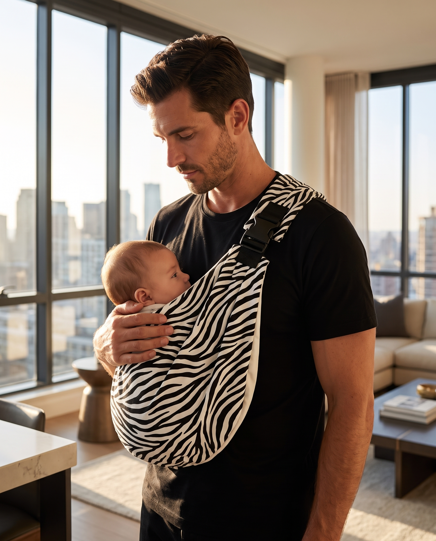 The Sling Zebra - father carrying baby in zebra sling