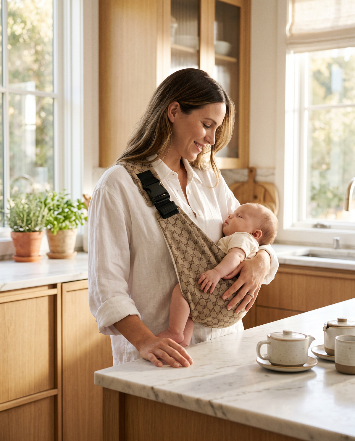 The Sling Dune - mother carrying baby in khaki monogram sling kitchen
