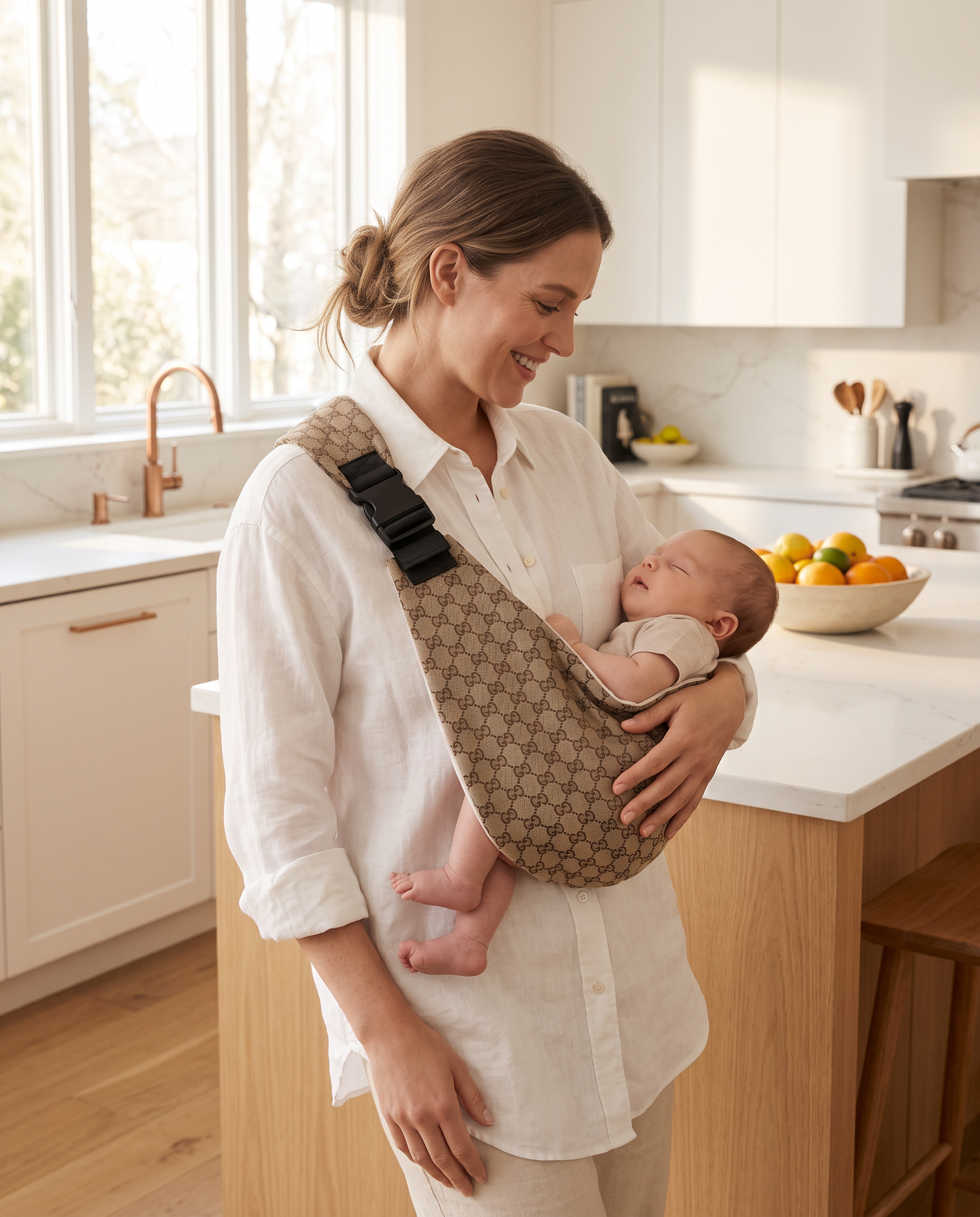 The Sling Dune - khaki tan sling with monogram print lifestyle