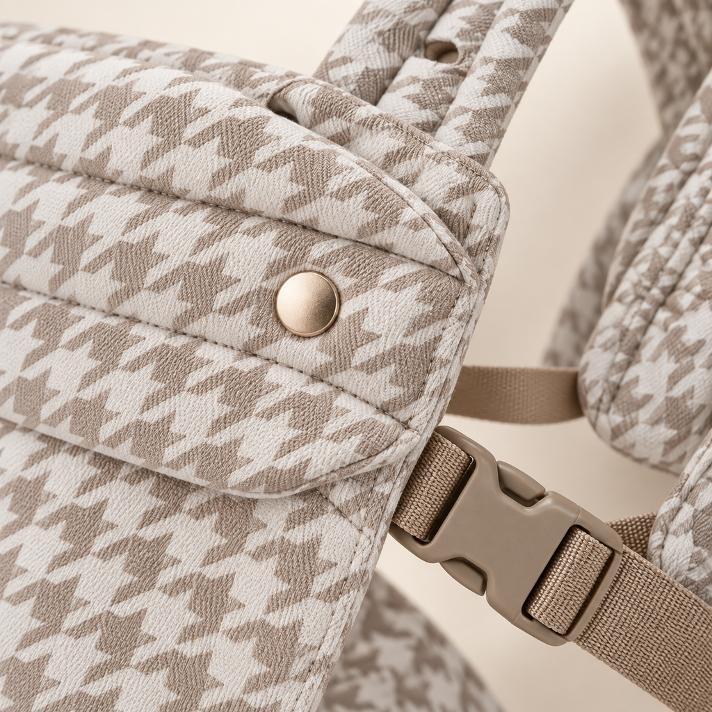 Khaki Houndstooth carrier fabric, snap, buckle, and stitching detail