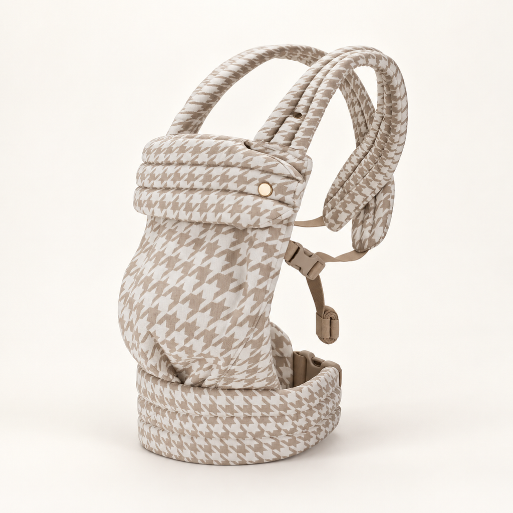 Khaki Houndstooth ergonomic baby carrier in ivory and beige, studio product view