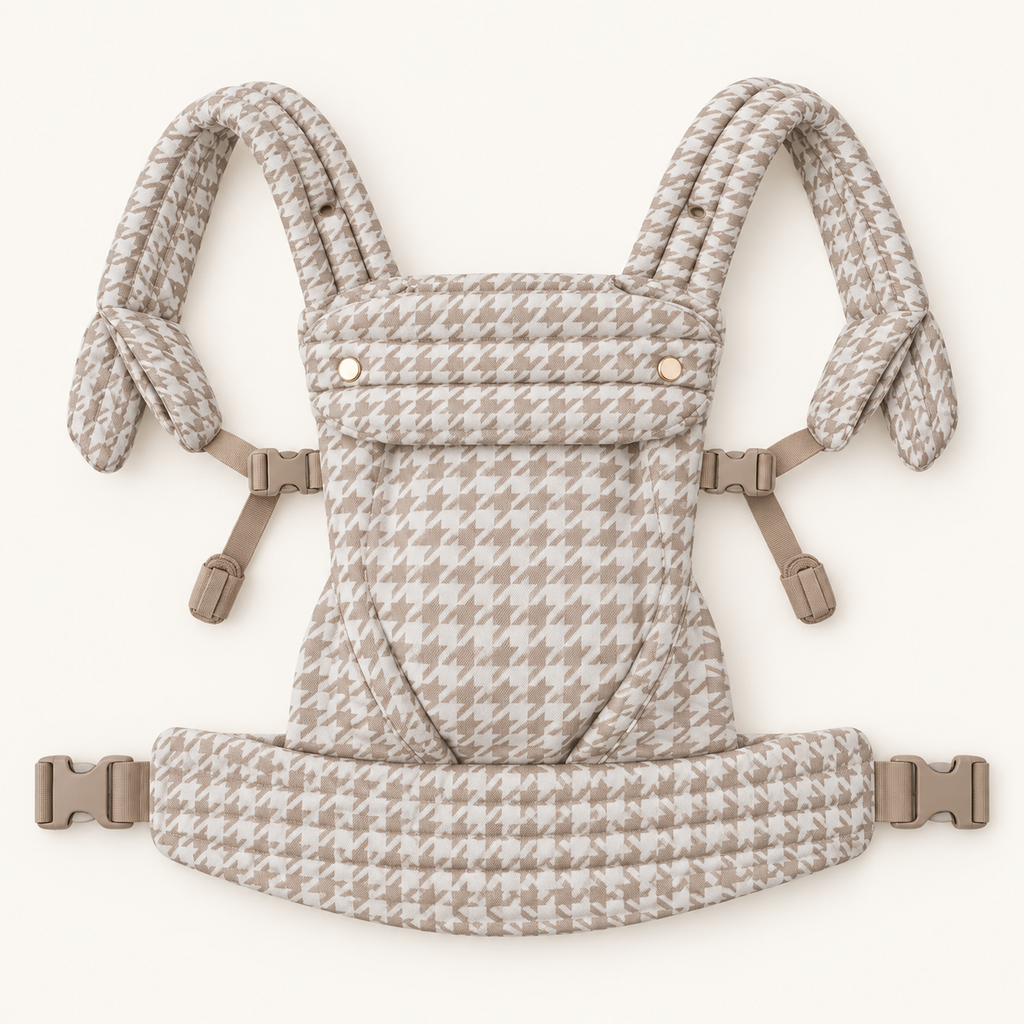 Khaki Houndstooth ergonomic baby carrier open construction view