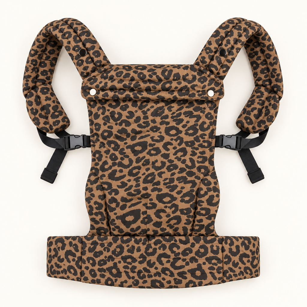 Leopard Print ergonomic baby carrier open construction view