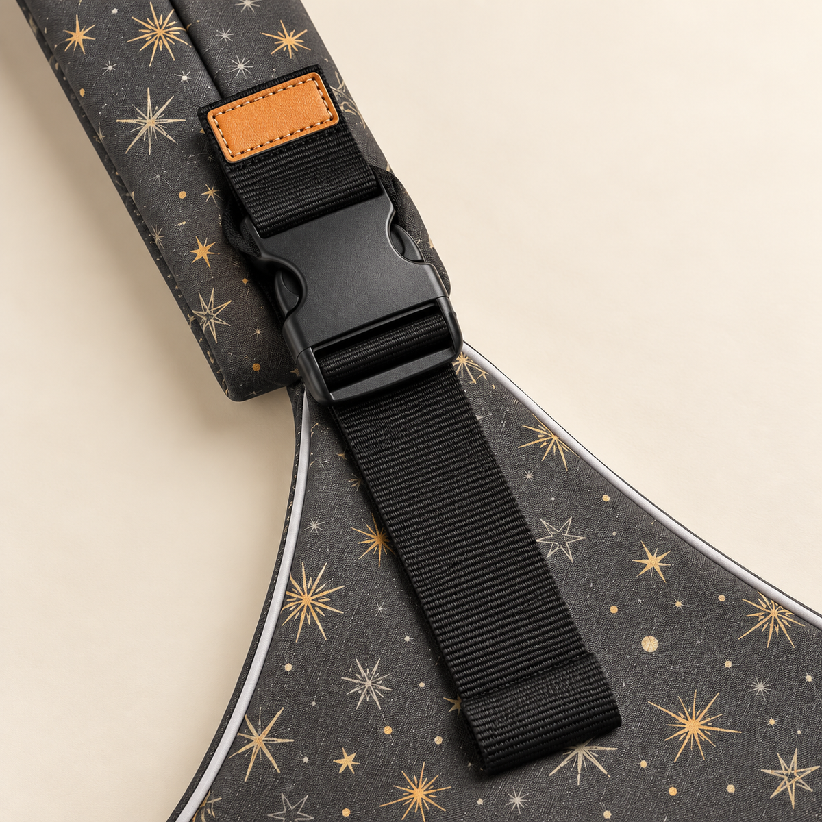 Charcoal Star Print Baby Sling Carrier – buckle and fabric detail