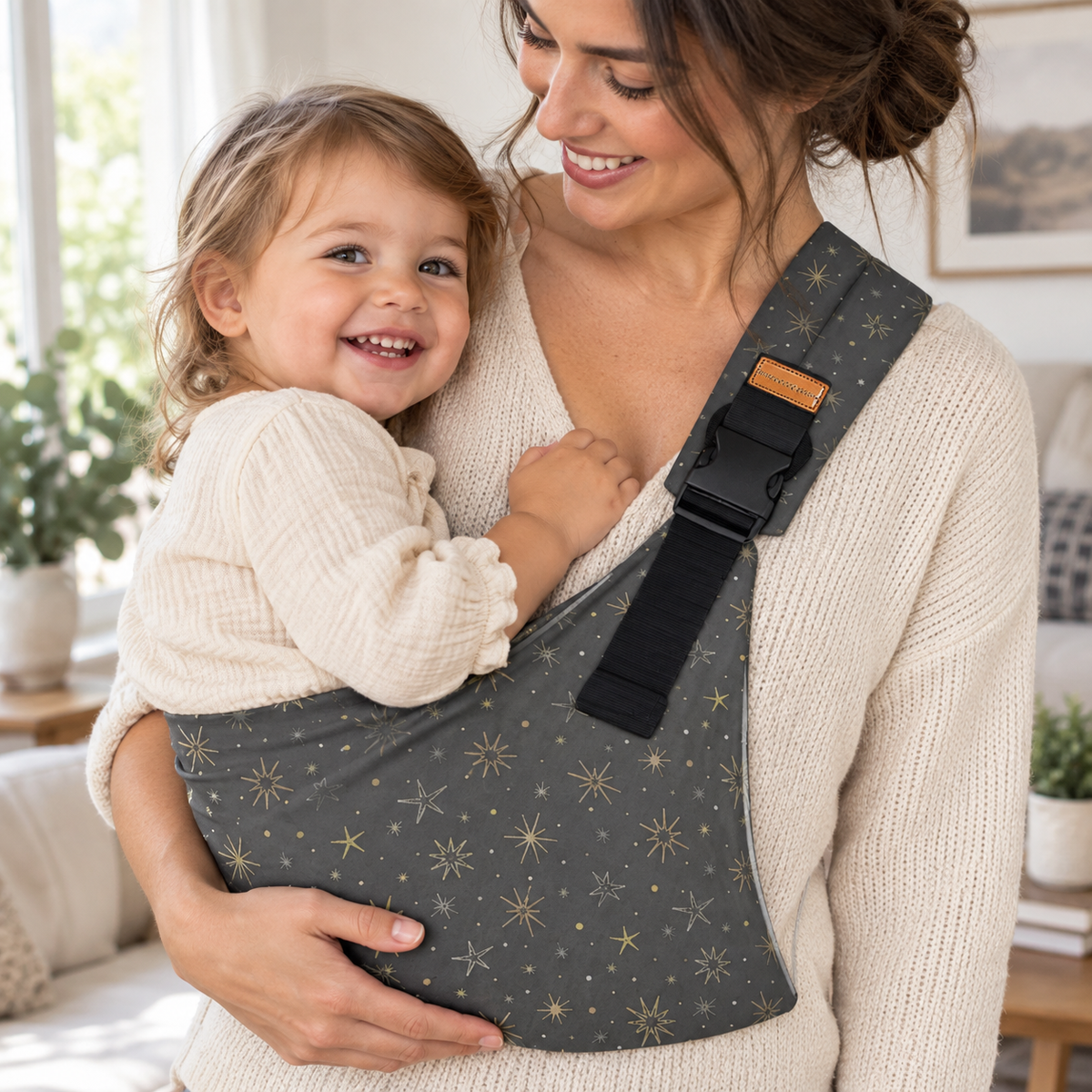 Parent wearing Charcoal Star Print Baby Sling Carrier at home