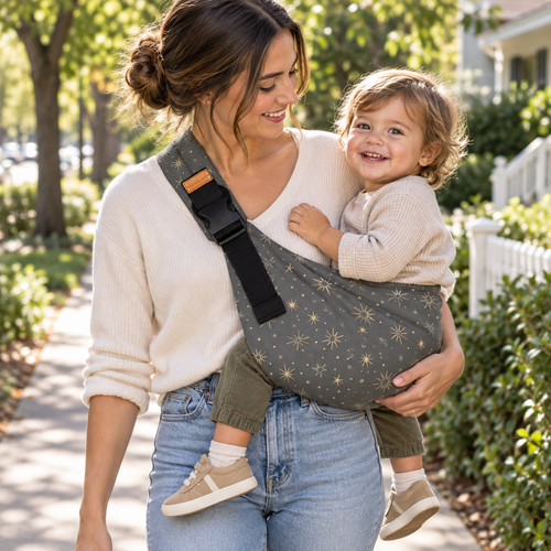 Parent wearing Charcoal Star Print Baby Sling Carrier outdoors
