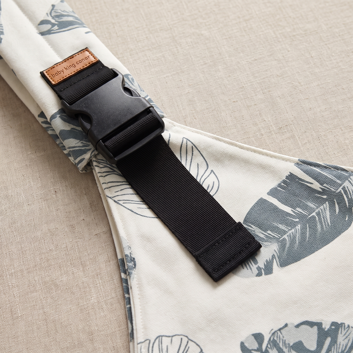 Indigo Blue Botanical Leaf Baby Sling Carrier – woven fabric, buckle and strap detail
