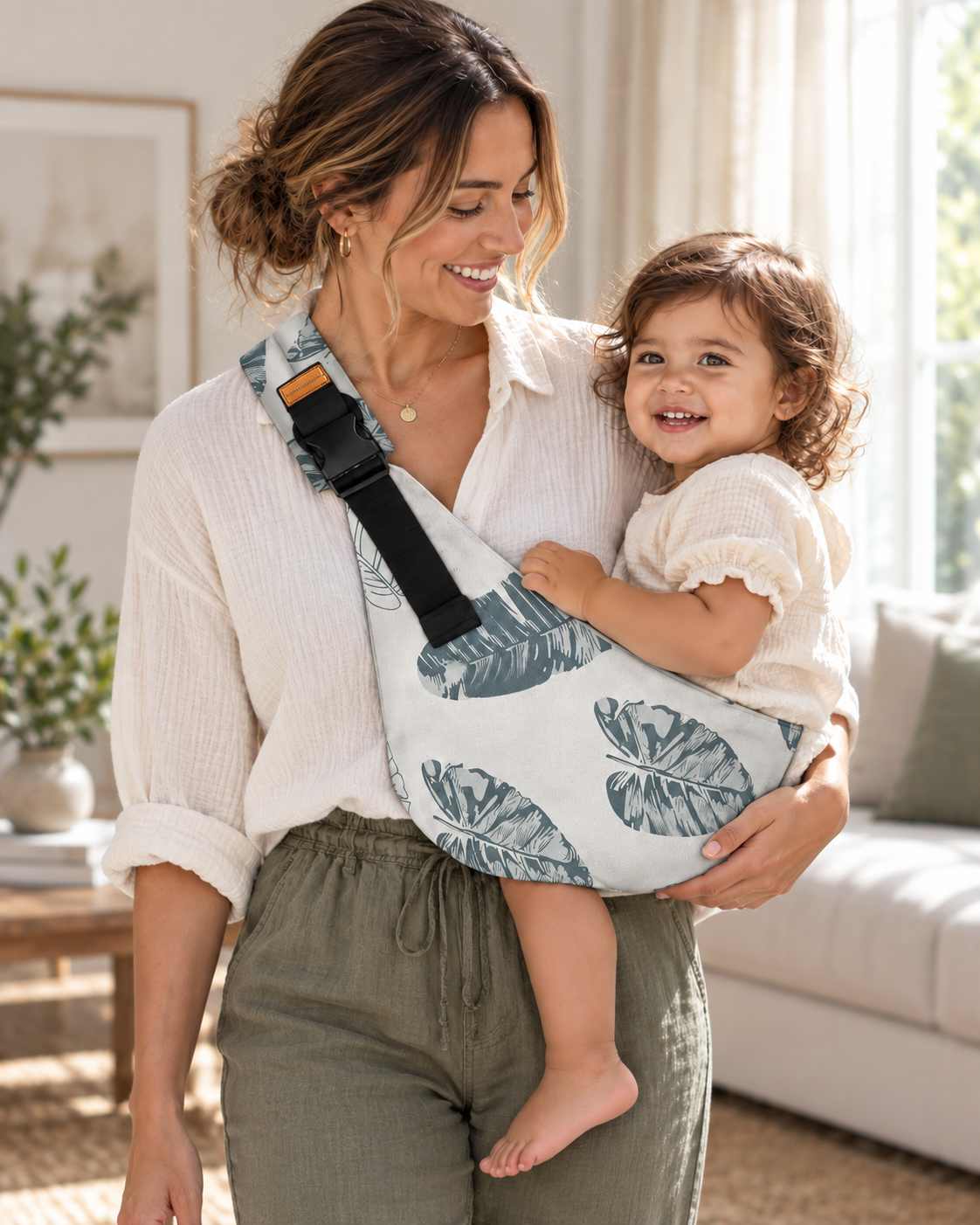 Parent wearing the Indigo Blue Botanical Leaf Baby Sling Carrier at home