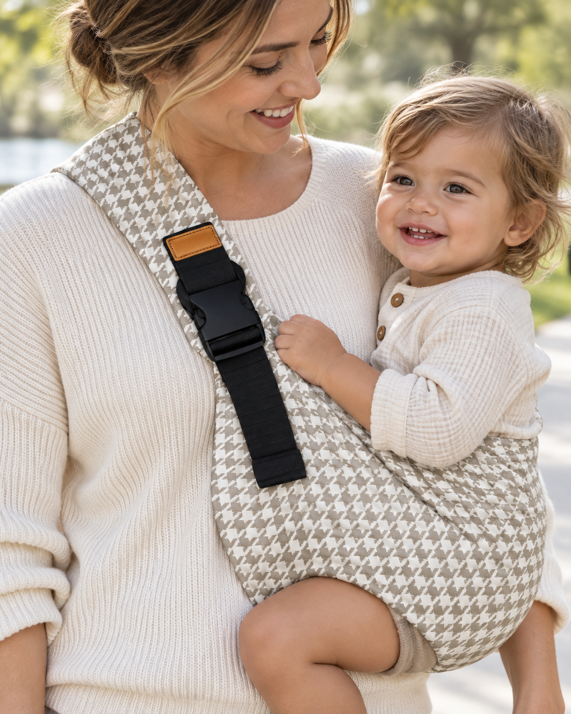 Parent wearing Khaki Houndstooth Baby Sling Carrier outdoors