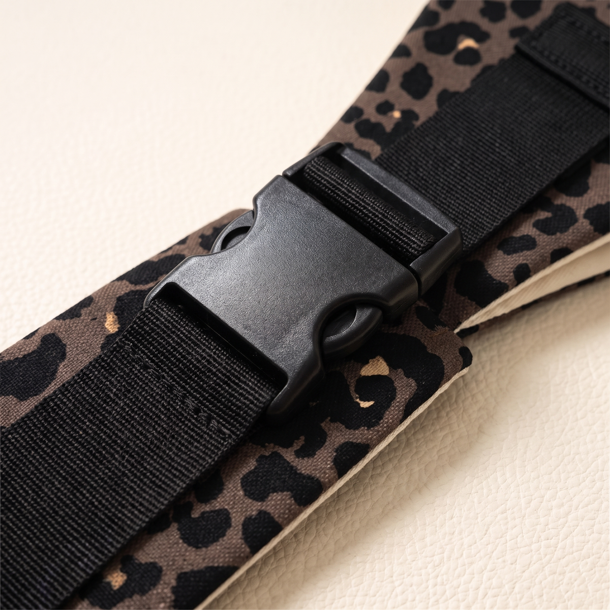 Dark Leopard Print Baby Sling Carrier buckle and fabric detail