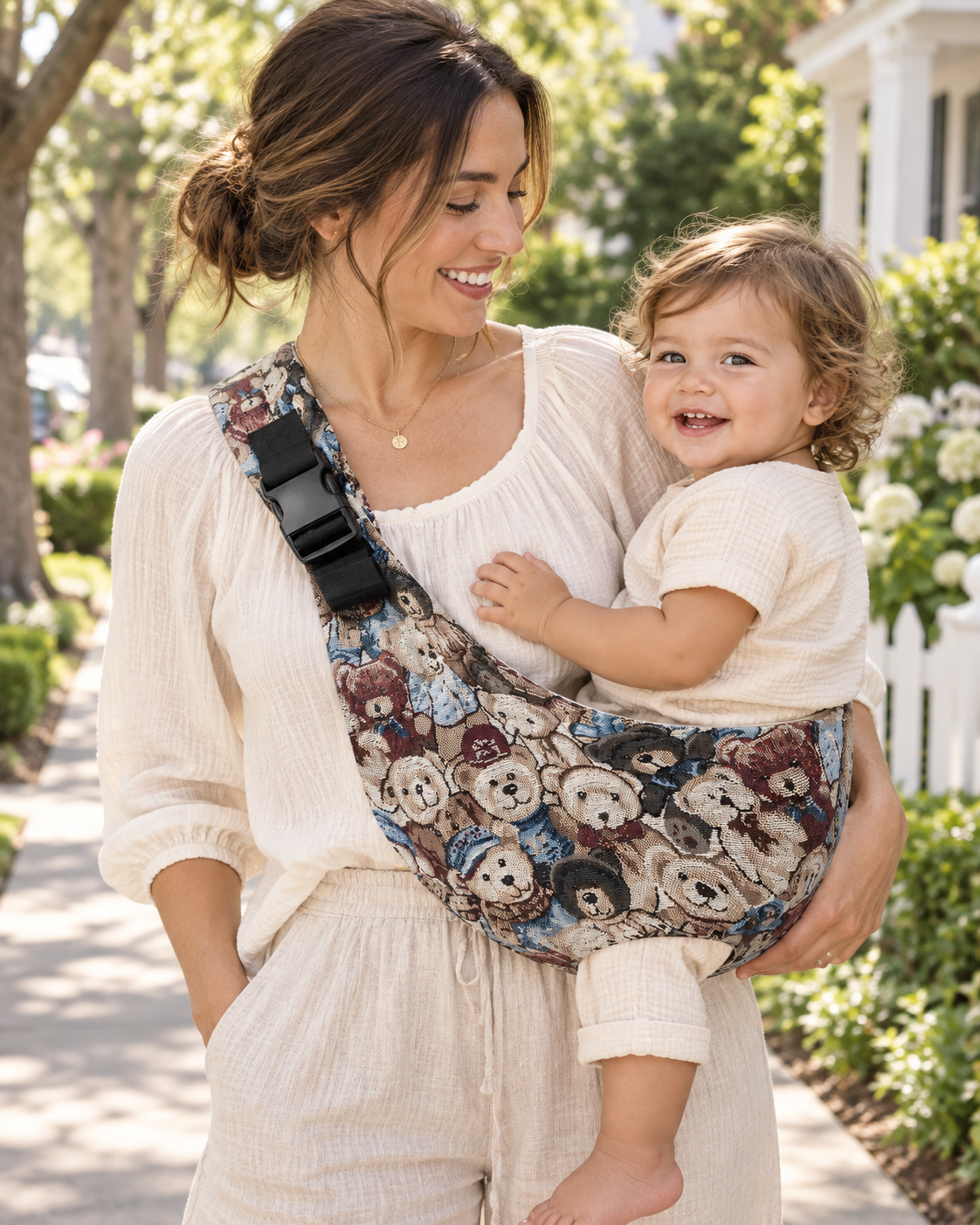 Parent carrying toddler outdoors in the Navy Bear Print Baby Sling Carrier