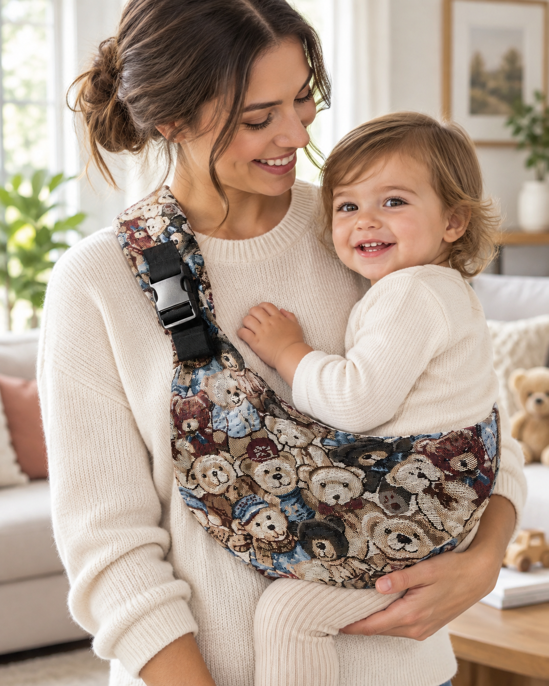 Parent wearing the Navy Bear Print Baby Sling Carrier at home