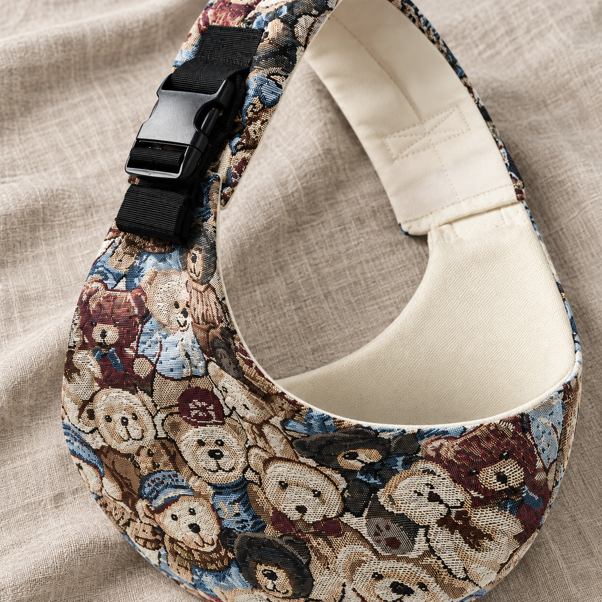 Navy Bear Print Baby Sling Carrier – close-up fabric, buckle and strap detail