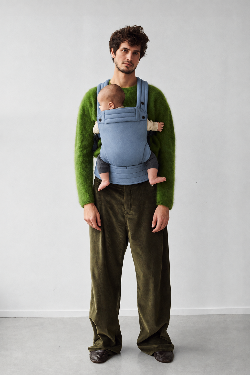 Father wearing the Née Powder Blue ergonomic baby carrier with baby, full-length front view