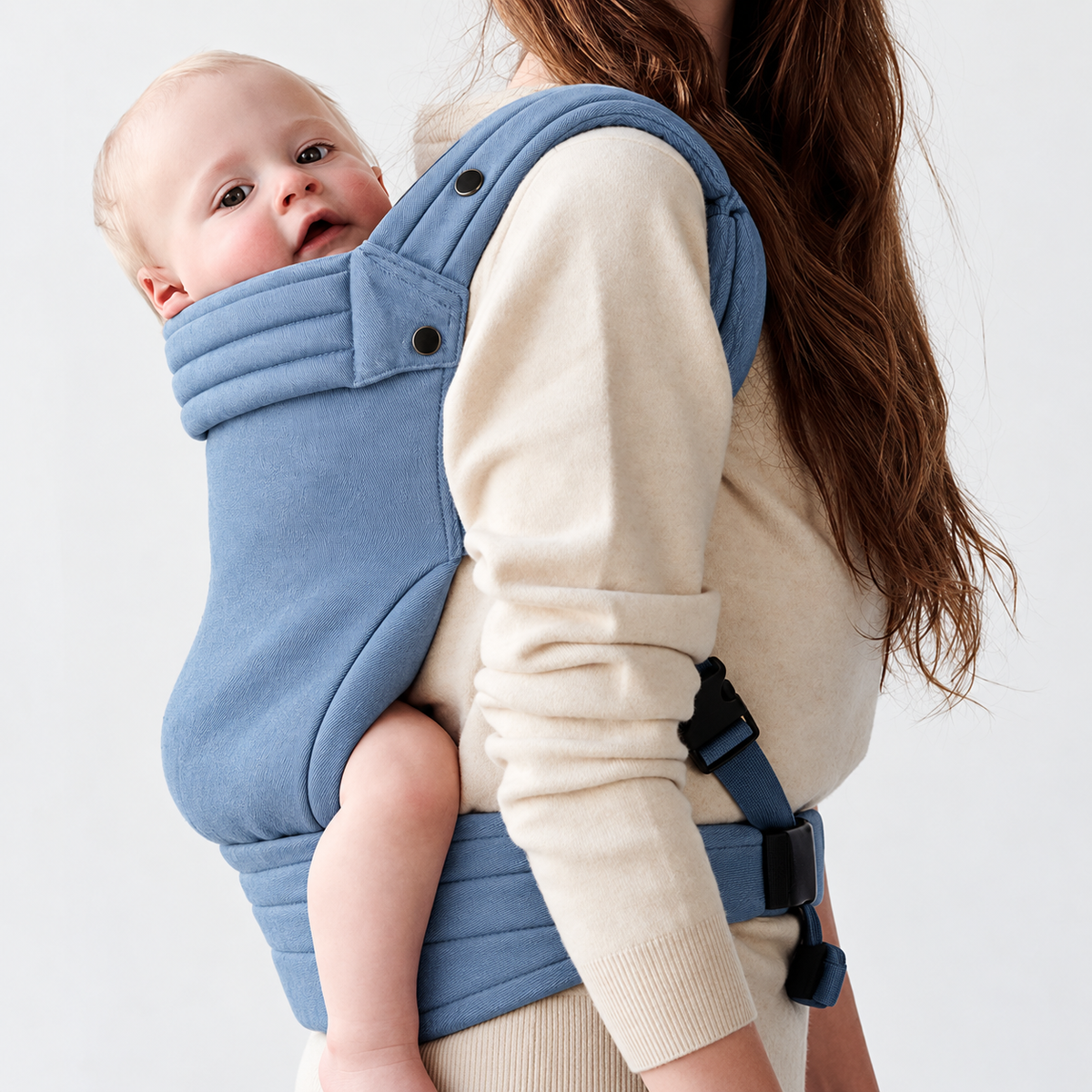 Close side view of mother and baby in the Née Powder Blue ergonomic baby carrier