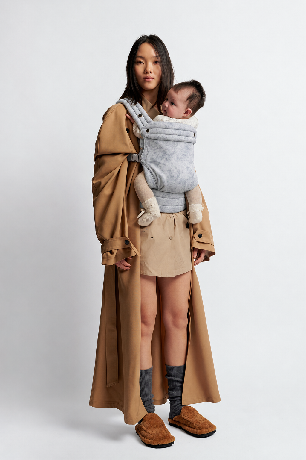 Mother wearing the Née Silver Mist Grey ergonomic baby carrier with baby, full-length view