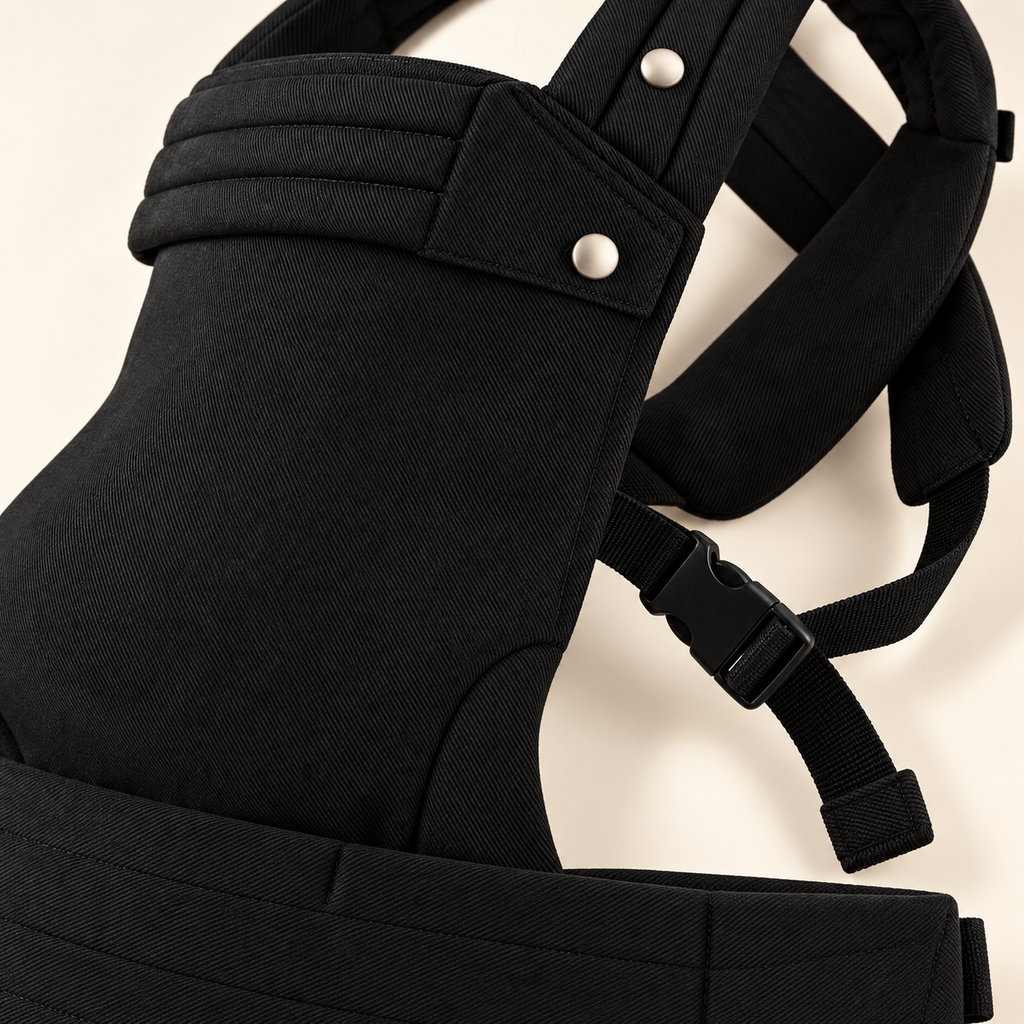 Close-up of the matte black fabric, silver-tone snaps and buckle on the Née carrier