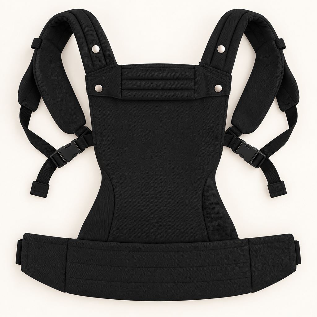 Née Onyx Black baby carrier opened to show straps, buckles and padded waistband