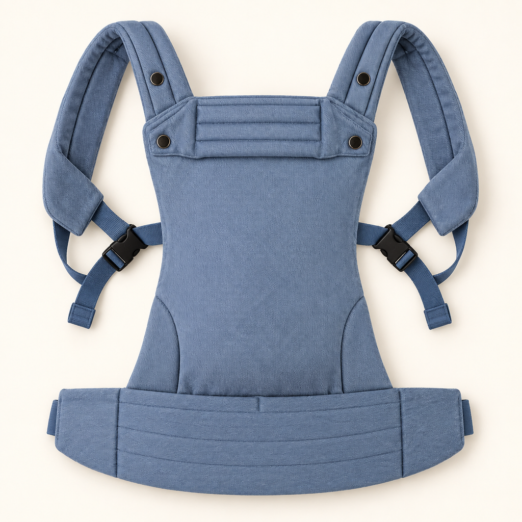 Née Powder Blue baby carrier opened to show straps, buckles and padded waistband