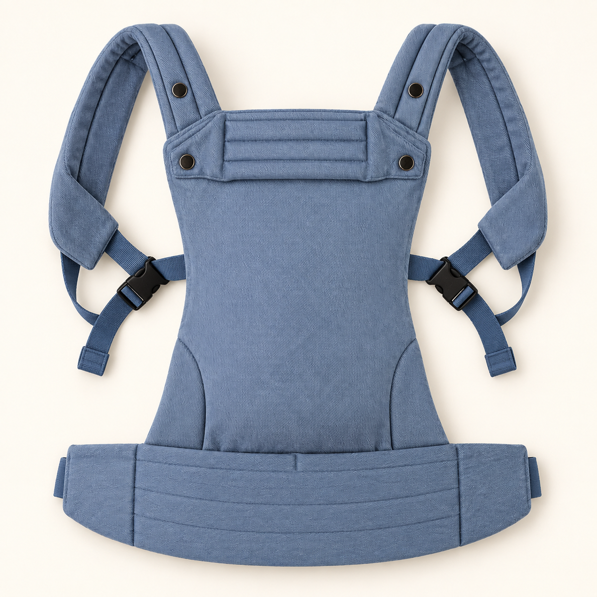 Née Powder Blue baby carrier opened to show straps, buckles and padded waistband
