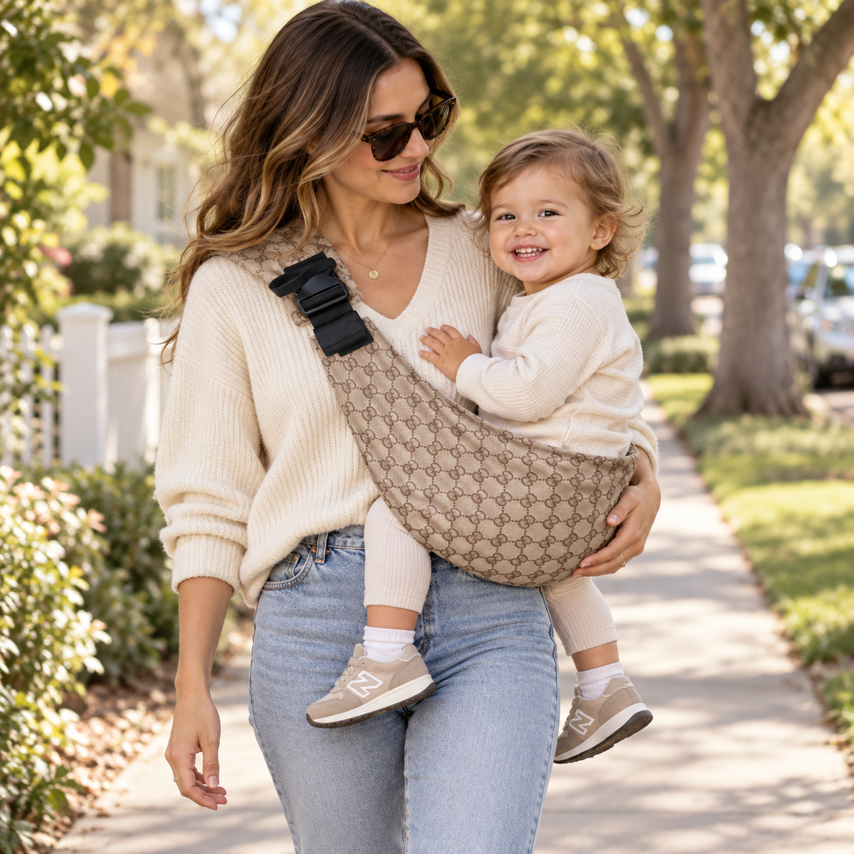 Mother carrying toddler in the Sand Leopard baby sling on a neighborhood walk