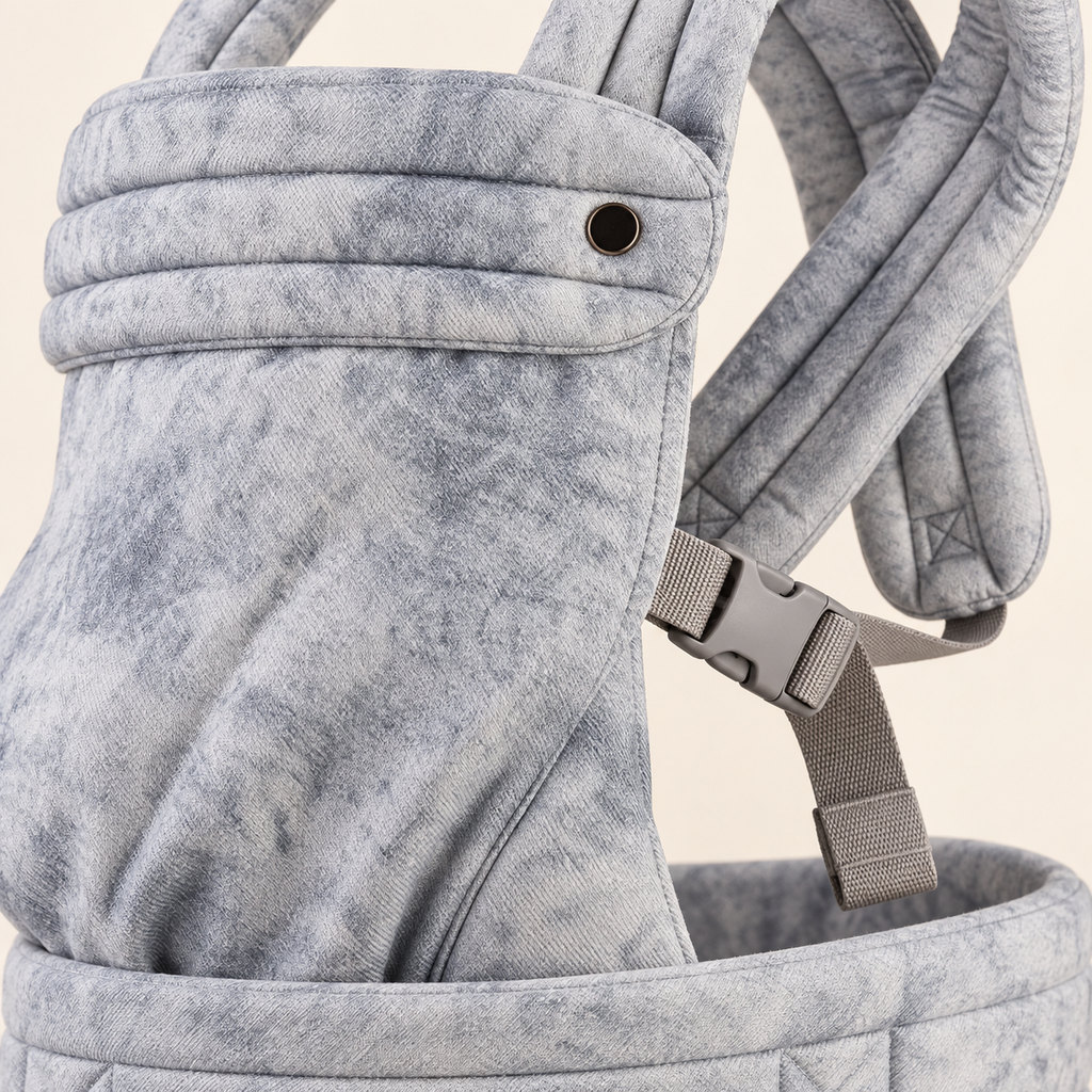 Close-up of the mottled grey fabric, dark snap and grey buckle on the Née carrier