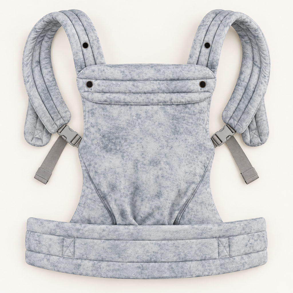 Née Silver Mist Grey baby carrier opened to show straps, buckles and padded waistband