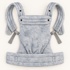 Née Silver Mist Grey baby carrier opened to show straps, buckles and padded waistband